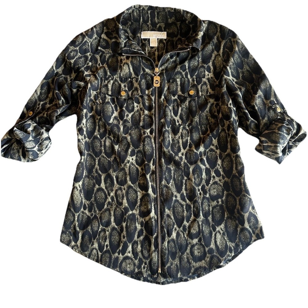 Michael‎ Kors Leopard Print Blouse Long Sleeve Full Zip Top Women's XS Animal